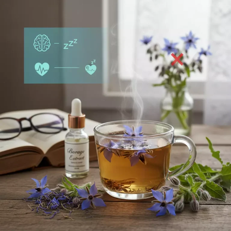 تصویر دمنوش گل گاو زبان با گل‌های بنفش و ساقه تازه گیاه، به عنوان داروی گیاهی آرامش‌بخش و درمان‌کننده بی‌خوابی