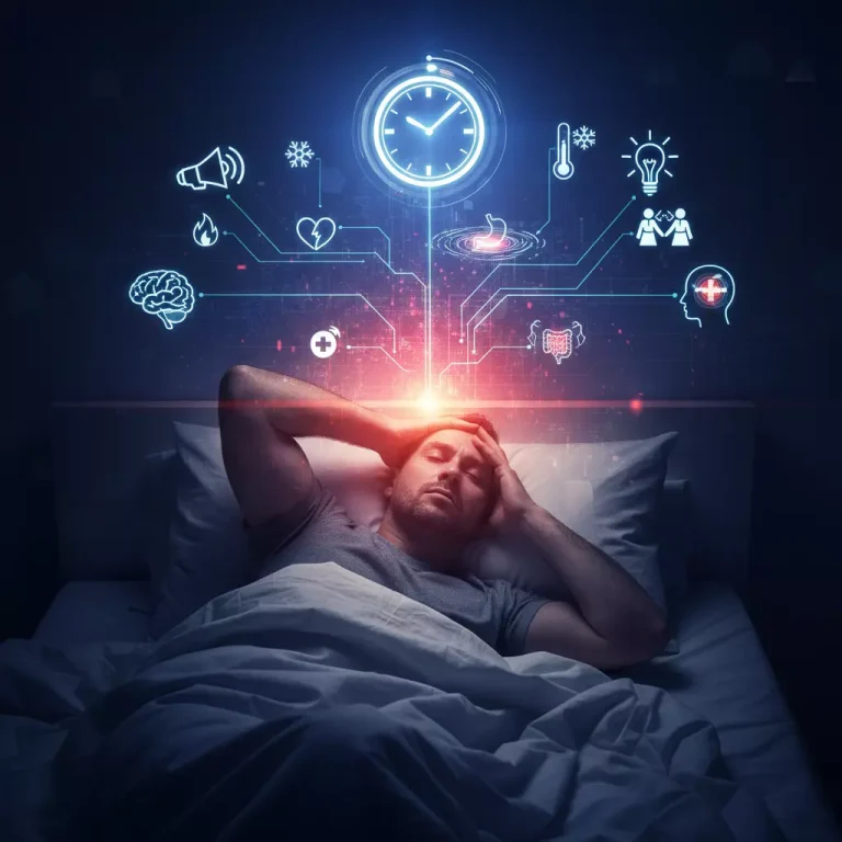 تصویر گرافیکی عوامل موثر بر بی خوابی: شامل سروصدا، نور، دما، استرس، افسردگی و بیماری‌های جسمی مانند سردرد و مشکلات گوارشی.