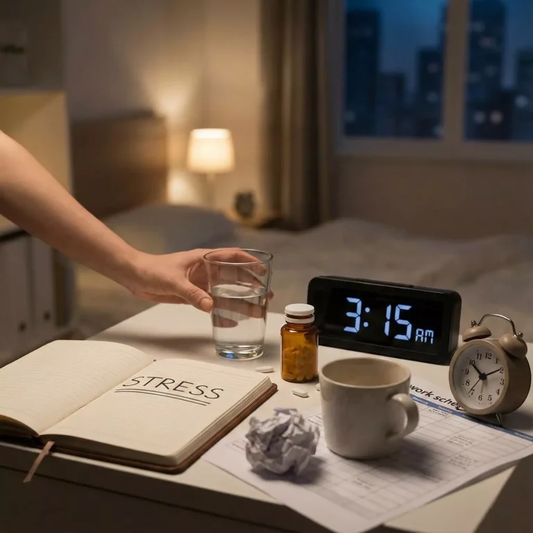 تصویر جامع و مینیمال علل بی خوابی: نمایش تاثیر سن بالا، استرس، فعالیت ذهنی بیش از حد، شیفت کاری، مصرف کافئین، نیکوتین و الکل، و درد جسمی بر کیفیت خواب.