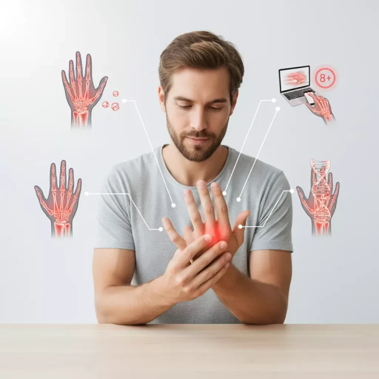 تصویر دست‌های فردی که انگشتان خود را پس از استراحت صبحگاهی باز و بسته می‌کند؛ مرتبط با درد و خشکی مفاصل دست