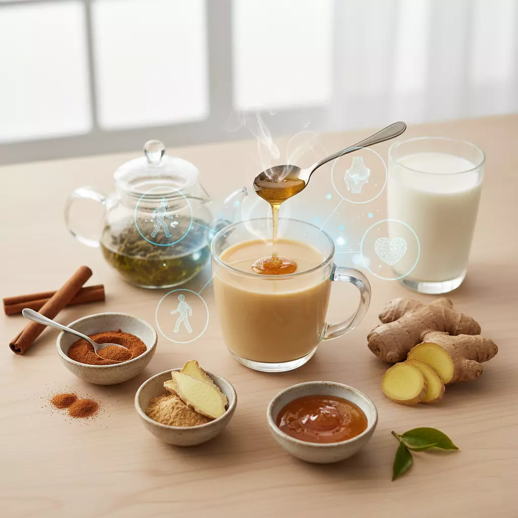 تصویر مواد تشکیل‌دهنده معجون گیاهی درمان زانو و مفاصل: پودر دارچین، زنجبیل، عسل، شیر و چای سبز.