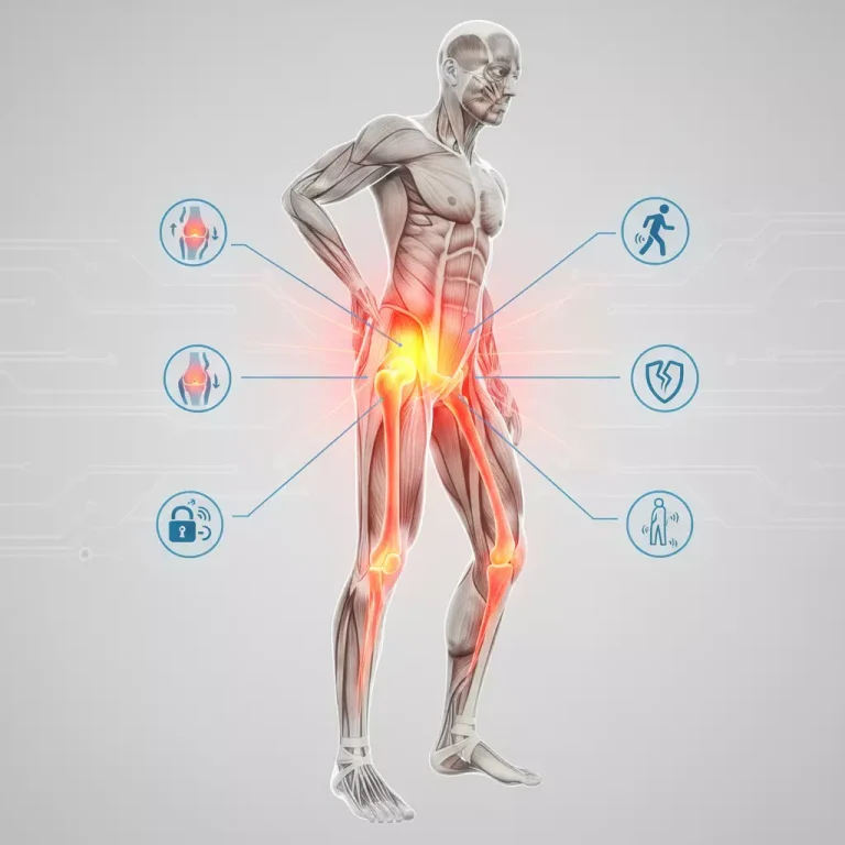 تصویر مفصل لگن (Hip Joint) که نواحی درد و التهاب در اطراف ران را نشان می‌دهد؛ مرتبط با درد استخوان و لگن