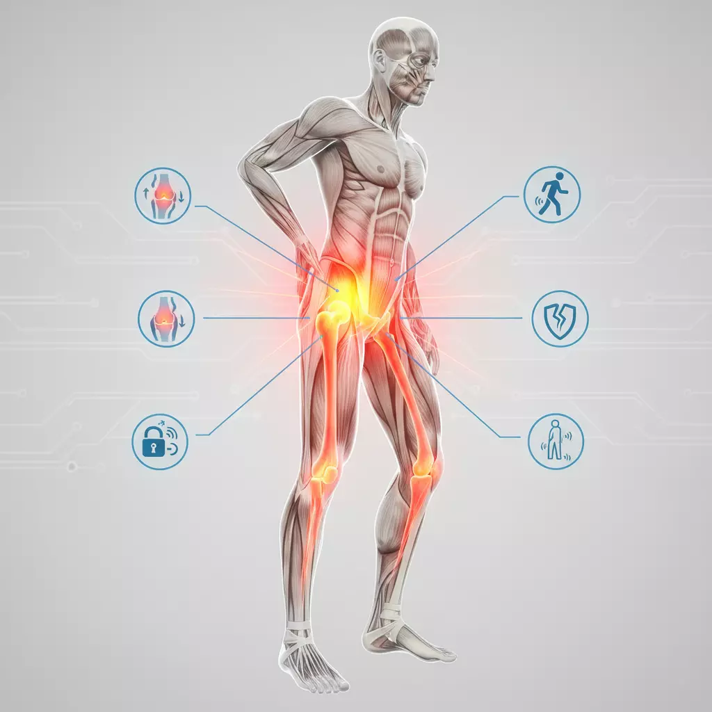 تصویر مفصل لگن (Hip Joint) که نواحی درد و التهاب در اطراف ران را نشان می‌دهد؛ مرتبط با درد استخوان و لگن