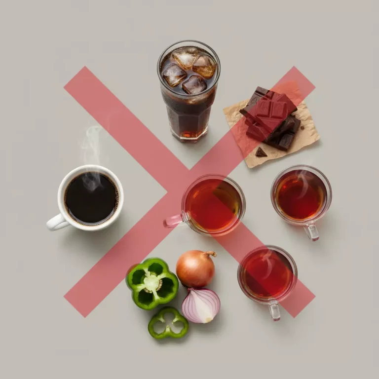 تصویر مواد غذایی و نوشیدنی‌های ممنوعه برای بی خوابی، شامل قهوه، چای، نوشابه، شکلات و فلفل سبز که باید از مصرف آن‌ها پرهیز کرد