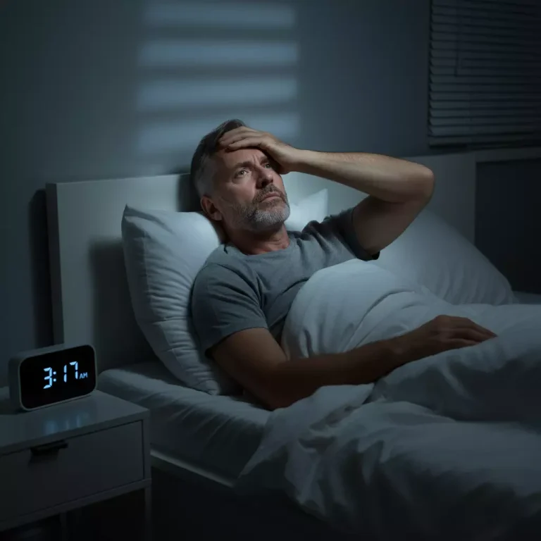 تصویر مردی در شب، در حال تجربه بی خوابی و کم‌خوابی ناشی از اضطراب و تنش هیجانی
