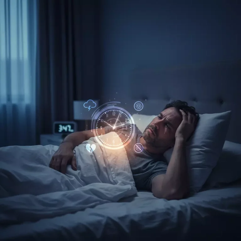 تصویر نمادین از علائم بی خوابی: مردی که در شب بیدار است و به دلیل استرس و محیط نامناسب خواب، آرامش ندارد.