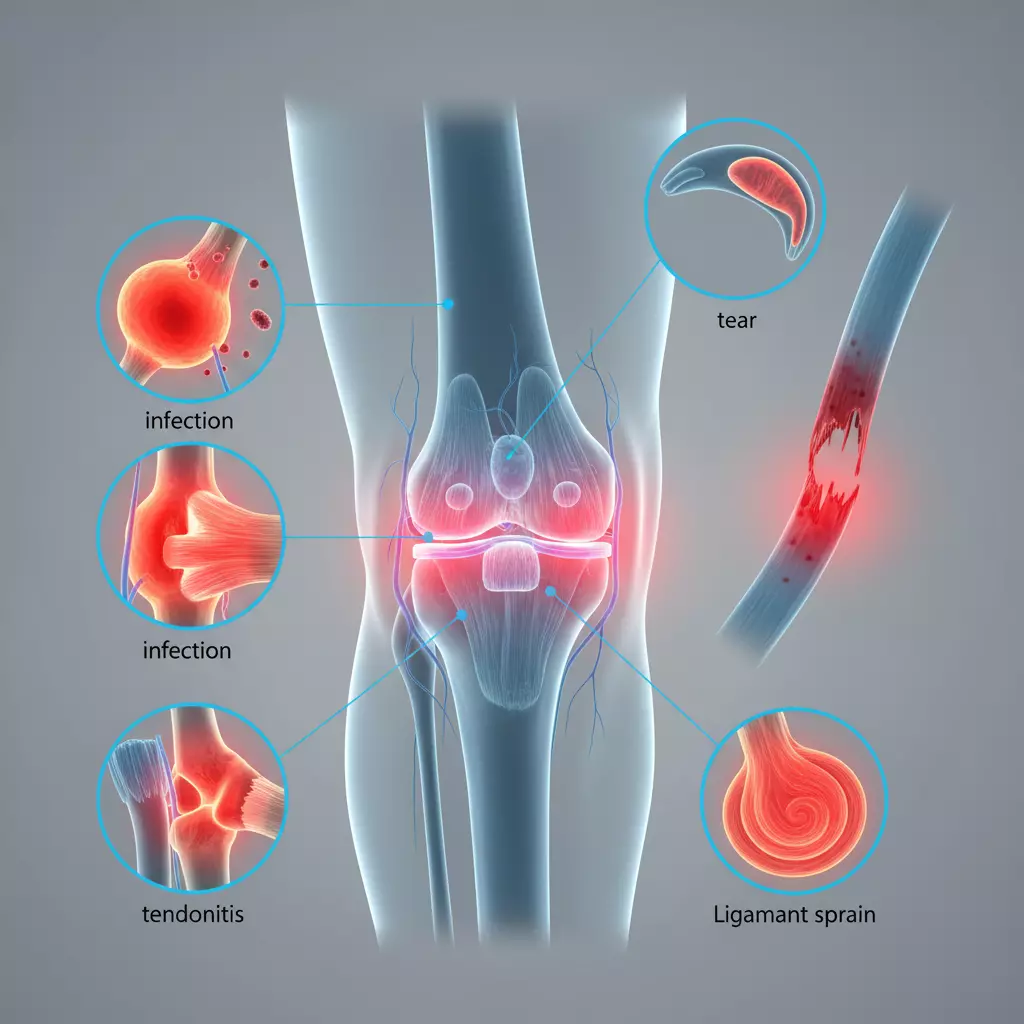 تصویر شماتیک مفصل زانو با فلش‌هایی که محل التهاب (بورس، تاندون) را نشان می‌دهند؛ مرتبط با عواملی که باعث درد مفصل می شوند