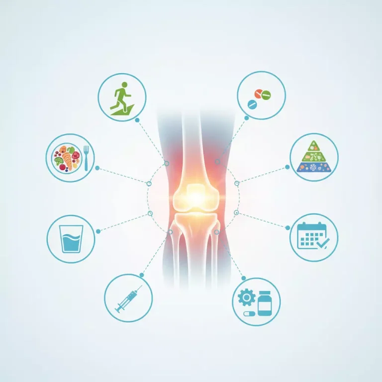 تصویر راه حل‌های جامع برای درد مفصل زانو، شامل ورزش، رژیم غذایی مناسب، فیزیوتراپی، دارو درمانی و تزریق استروئید