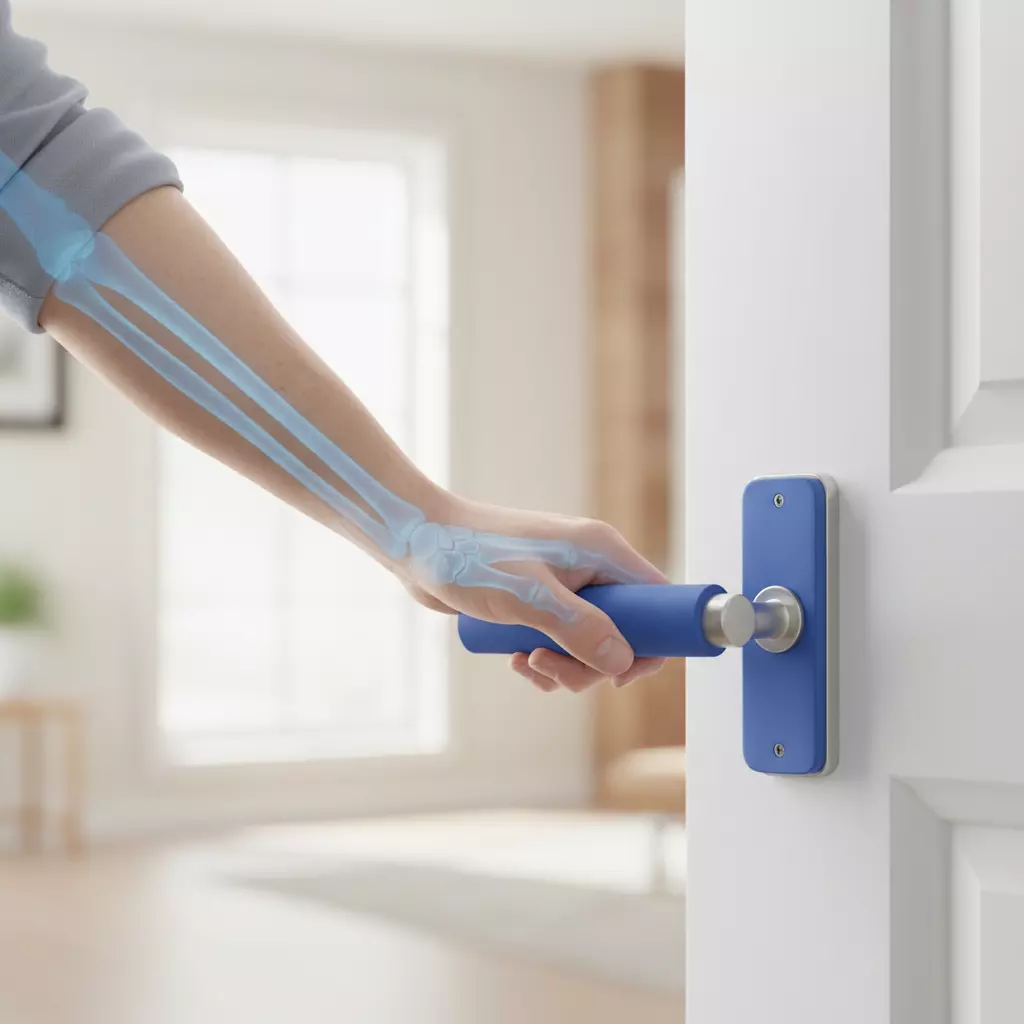 روش محافظت از مفصل دست هنگام باز کردن در با استفاده از ابزار کمکی و ساعد، جهت کاهش درد آرتریت