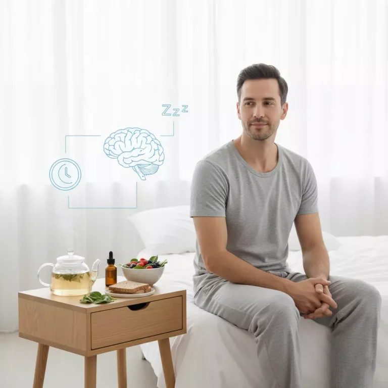 تصویر مینیمال مردی در محیط آرام، نماد استفاده از روش‌های طبیعی و خانگی مانند دمنوش‌ها و رایحه‌درمانی برای درمان بی خوابی