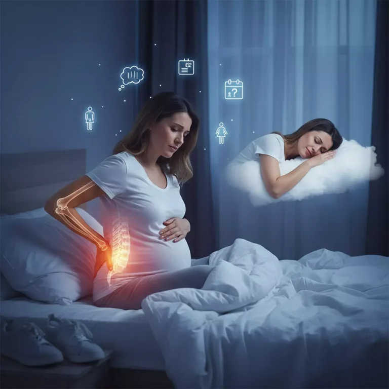 تصویر زن باردار بیدار در شب با کمردرد و اضطراب، نمادی از چالش‌های بی خوابی در بارداری و آرزوی خواب راحت.