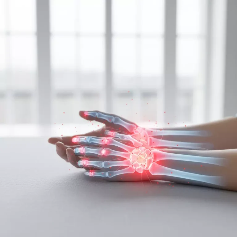 تصویر مفاصل متورم و قرمز دست با الگوی قرینه در اثر روماتیسم مفصلی؛ مرتبط با تشخیص و علائم RA