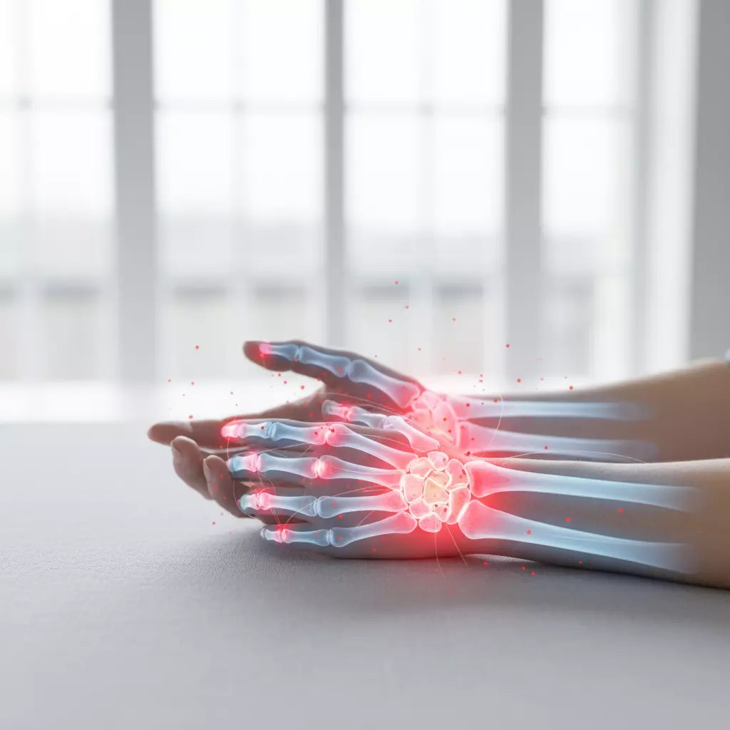 تصویر مفاصل متورم و قرمز دست با الگوی قرینه در اثر روماتیسم مفصلی؛ مرتبط با تشخیص و علائم RA