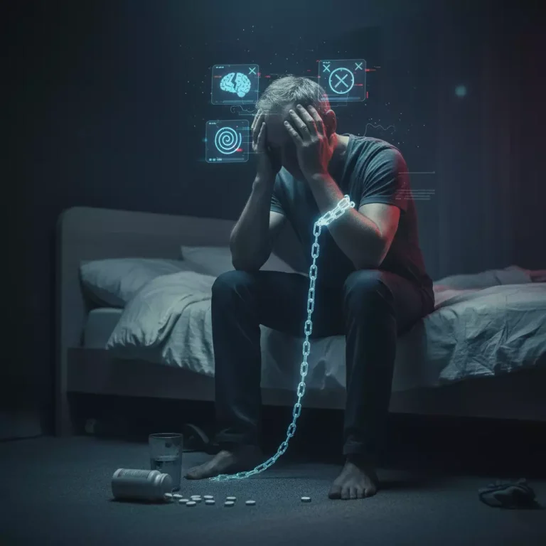 تصویر واقع‌گرایانه و تاریک از فردی که دچار وابستگی و آسیب‌های مغزی (فراموشی و اختلال حواس) ناشی از مصرف خودسرانه داروهای خواب‌آور شده است.