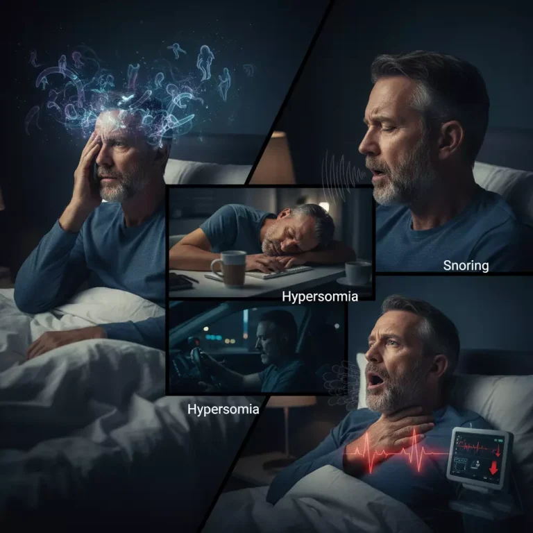تصویری جامع از ناهنجاری‌های خواب شامل پاراسومنیا، هایپرسومنیا، خروپف و آپنه خواب که سلامت فرد را تهدید می‌کنند.