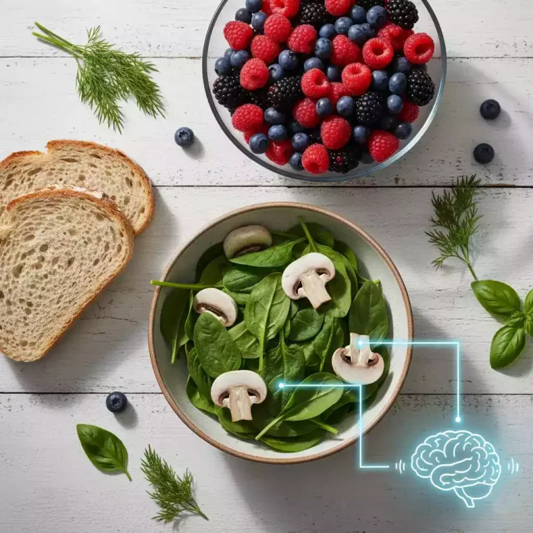 تصویر مواد غذایی مفید برای درمان بی خوابی، شامل سبزیجات سبز، غلات کامل، قارچ و توت‌ها که به بهبود کیفیت خواب کمک می‌کنند