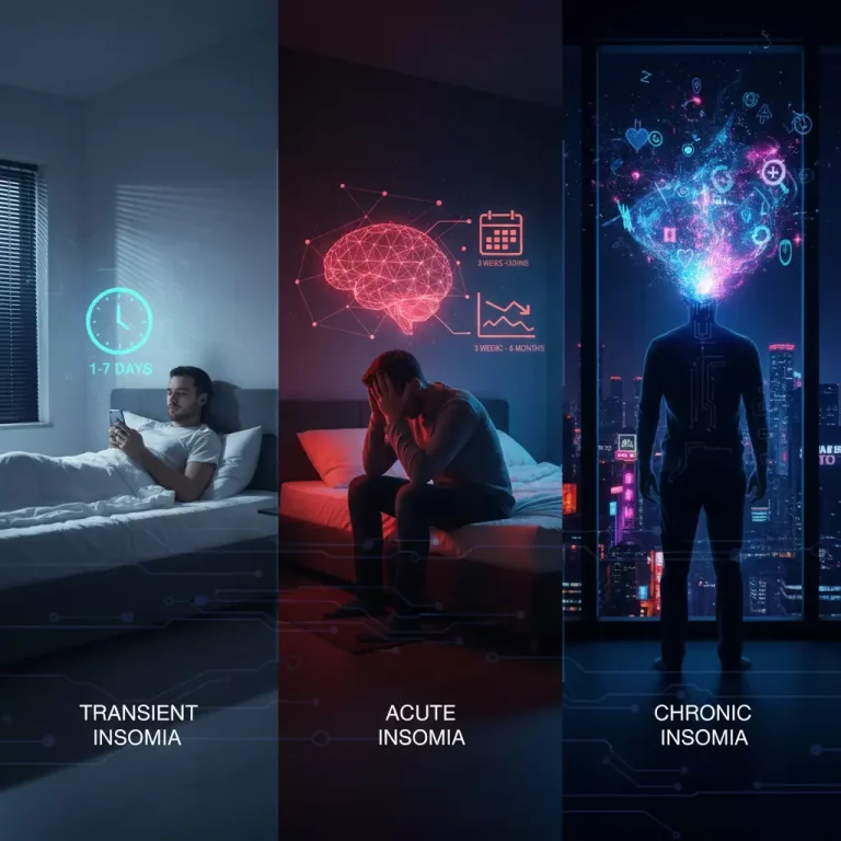 تصویر نشان‌دهنده سه نوع بی خوابی: گذرا (چند روز)، حاد (چند هفته) و مزمن (بیش از یک سال)